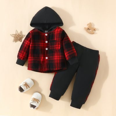 Baby Boy 2 Pieces Plaid Hooded Sweater & Solid Color Pants