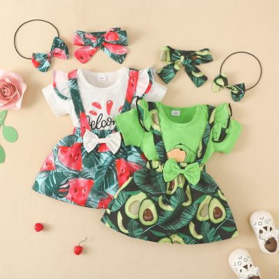Baby Girl 4 Pieces Ruffle-sleeve Bodysuit  And Fruit Print Overalls dress with Headband