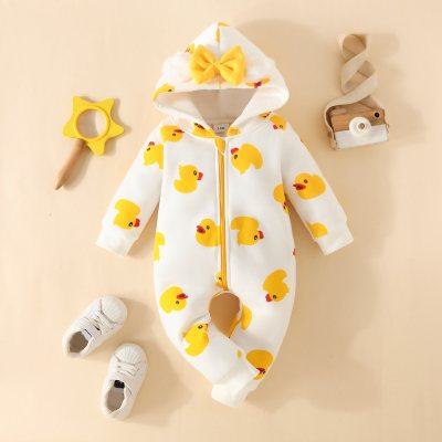 Baby Girl Cute Ducks Pattern Bow-knot Decor Long-sleeved Fleece-lined Jumpsuit