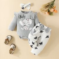 Baby Girl 3 Pieces Letter Elephant Pattern Bodysuit & Butterfly Pattern Pants & Headband  Gray