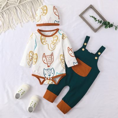 Baby Animal Printed Long-sleeve Romper & Overalls With Hat
