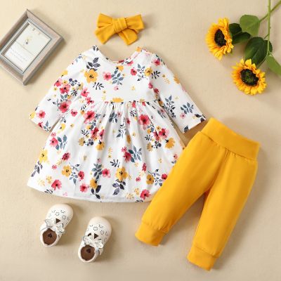 2-piece Allover Floral Printed Long Sleeve Smocked Dress & Solid Color Pencil Pants