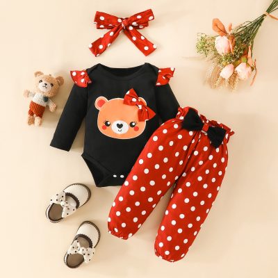 Baby Girl 3 Pieces Bear Pattern Bodysuit & Polka dot Pattern Pants & Headband