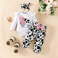 Baby Girl 3 Pieces Cattle Letter Pattern Bodysuit & Pants & Headband  White
