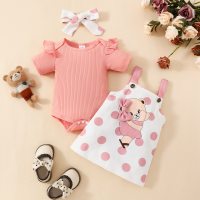 Baby short-sleeved cartoon bear suspender skirt and headband 3-piece set  Pink