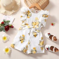 2-piece Toddler Girl Allover Floral Pattern Ruffled Suspender Shorts & Belt  Yellow