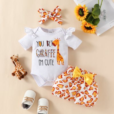 3-piece Baby Girl Letter and Giraffe Printed Short Fly Sleeve Romper & Allover Printing Shorts & Headwrap
