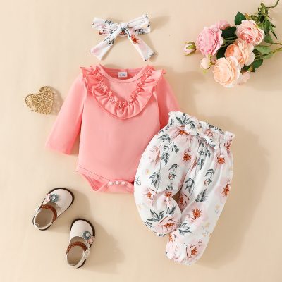 Baby long-sleeved lace triangle blouse+flower trousers+headband
