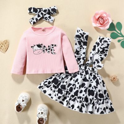 Toddler Cow Printed T-shirt & Overalls Skirt with Headband