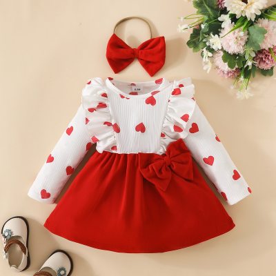 Baby Girl 2 Pieces Cute Color-block Heart-shaped Pattern Corduroy Ruffle-sleeve Long Sleeve Dress & Headband