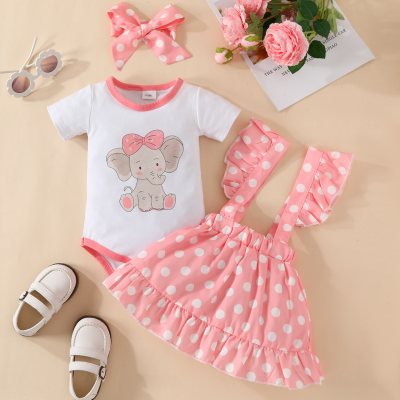 3-piece Baby Girl Elephant Printed Short Sleeve Romper & Polka Dotted Suspender Dress & Bowknot Headwrap
