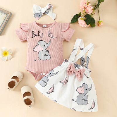 3-piece Baby Girl Letter and Elephant Printed Short Sleeve Romper & Allover Printing Bowknot Decor Suspender Dress & Headwrap