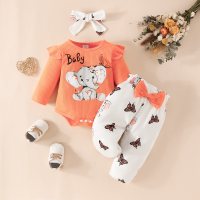 Baby Girl 3 Pieces Letter Elephant Pattern Bodysuit & Butterfly Pattern Pants & Headband  Orange