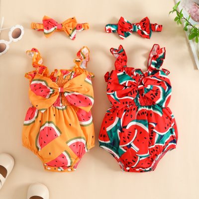 2-piece Baby Girl Allover Floral Printed Bowknot Decor Sleeveless Romper & Matching Headwrap