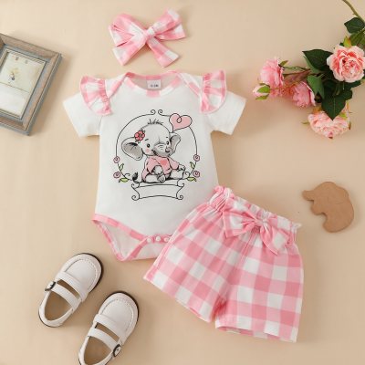 3-piece Baby Girl Elephant Printed Patchwork Short Sleeve Romper & Plaid Shorts & Headwrap