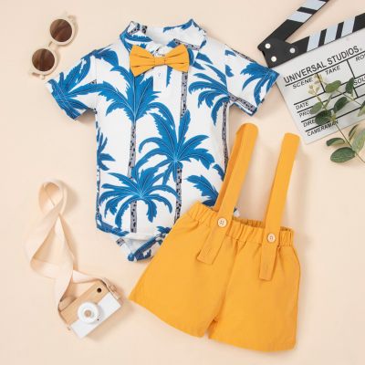 Baby Boy Coconut Tree Printed Short Sleeve Polo Bodysuit & Solid Colour Overalls Shorts