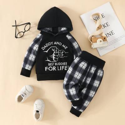 Baby Boy 2 Pieces Color-block Letter Pattern Hooded Sweater & Plaid Pants