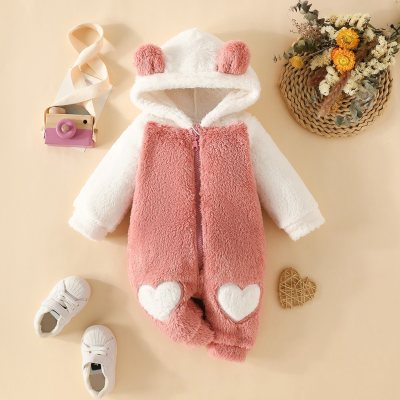 Baby Girl Color-block Bear Ear Heart-shaped Long-sleeved Fleece-lined Jumpsuit