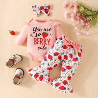 Baby Girl Cute Letter Strawberry Pattern Bodysuit & Bow-knot Decor Flare Pants & Headband  Pink