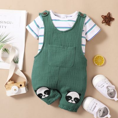 Baby Boy Cute Stripes Top And Panda Applique Overalls