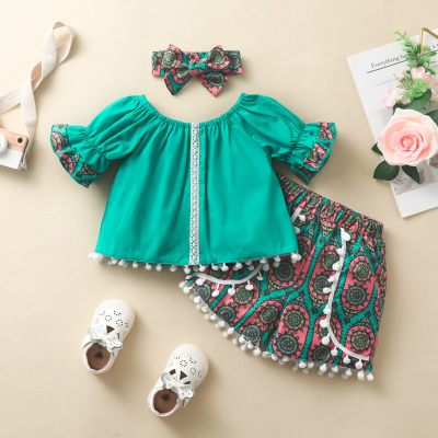 Baby Girl Tassels Solid Colour Top And Boho Shorts  with Headband