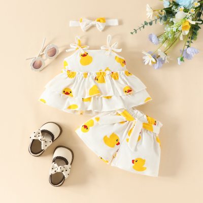 3-piece Baby Girl Allover Duck Printed Sleeveless Blouse & Matching Shorts & Headwrap