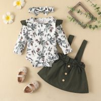 Baby Floral Printed Long-sleeve Romper & Overalls Dress With Headband  Green