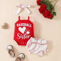 Baby Baseball Sisters Letter Sling Romper Shorts Set + Hairband Three-piece Set  Red