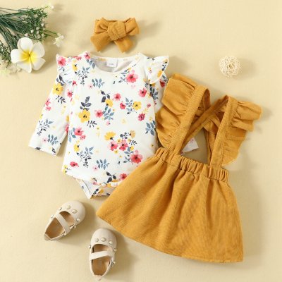 3-piece Baby Girl Corduroy Allover Floral Long Fly Sleeve Romper & Ruffled Suspender Dress & Headwrap