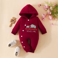 Baby Girl Solid Color Elephant Letter Pattern Long-sleeved Hooded Jumpsuit  Hot Pink