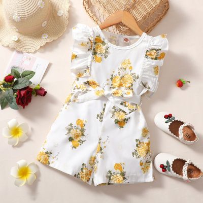 Baby Girl Beautiful Floral Ruffle Sleeve Overalls With Belt