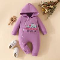 Baby Girl Solid Color Elephant Letter Pattern Long-sleeved Hooded Jumpsuit  Purple