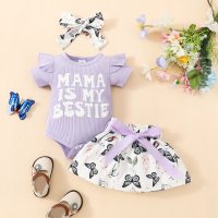 Top con lettera per bebè + gonna con stampa di farfalle + cintura + fascia per capelli  Viola chiaro
