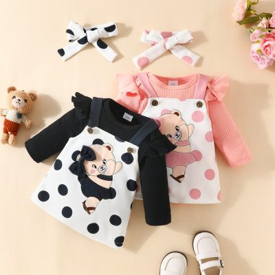 Baby Girl 3 Pieces Bear Polka Dots Graphics Suspender Dress & Bodysuit & Headband
