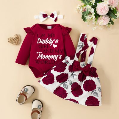 Baby Girl 3 Pieces Letter Pattern Bodysuit & Floral Pattern Suspender Dress & Headband