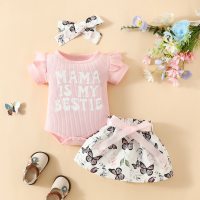 Top con lettera per bebè + gonna con stampa di farfalle + cintura + fascia per capelli  Rosa