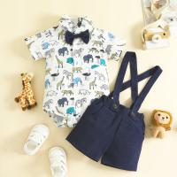 2-piece Baby Boy Allover Cartoon Animal Printed Bowtie Decor Short Sleeve Shirt & Solid Color Suspender Shorts  Deep Blue