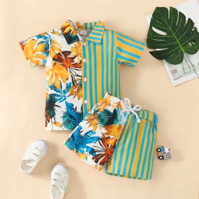 2-piece Toddler Boy Striped Floral Printed Patchwork Short Sleeve Shirt & Matching Shorts