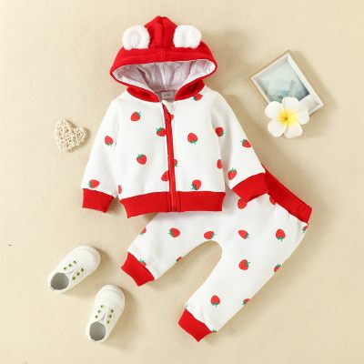 2-piece Baby Girl Color-block Strawberry Pattern Hooded Zip-up Jacket & Matching Pencil Pants