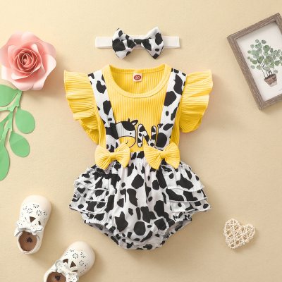 3-piece Baby Girl Cow Printed Fly Sleeve T-shirt & Allover Cow Pattern Bowknot Decor Suspender Romper & Headwrap