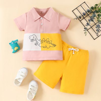 2-piece Toddler Boy Color-block Dinosaur Printed Short Sleeve Polo Shirt & Solid Color Shorts
