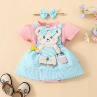 Cute bear baby embroidered short-sleeved triangle dress + headband  Pink