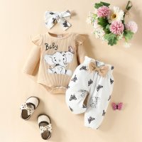Baby Girl 3 Pieces Letter Elephant Pattern Bodysuit & Butterfly Pattern Pants & Headband  Apricot