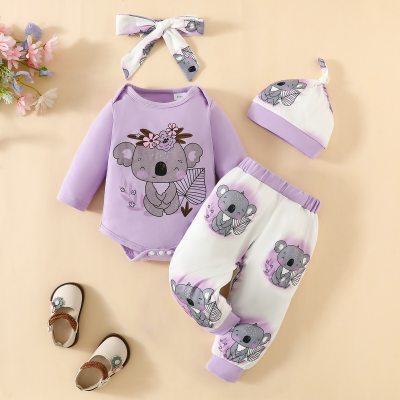 Baby Girl 4 Pieces Cute Animal Koala Floral Graphics Bodysuit & Pants & Hat & Headband