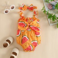 2-piece Baby Girl Allover Floral Printed Bowknot Decor Sleeveless Romper & Matching Headwrap  Yellow