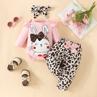 Baby Girl 3 Pieces Cute Rabbit Pattern Bodysuit & Leopard Pants & Headband