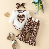 Baby Girl 3 Pieces Girl Letter Pattern Bodysuit & Leopard Pattern Flare Pants & Headband  Brown