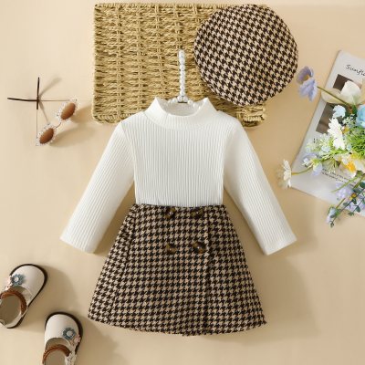 Baby Girl 3 Pieces Solid Color T-shirt & Plaid Skirts & Hat