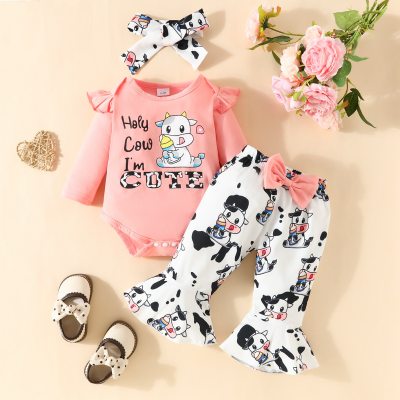 Baby Girl 3 Pieces Cute Animal Cattle Letter Graphics Bodysuit & Flare Pants & Headband