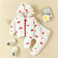 2-piece Baby Girl Pure Cotton Allover Heart Pattern Zip-up Hooded Jacket & Pants  White